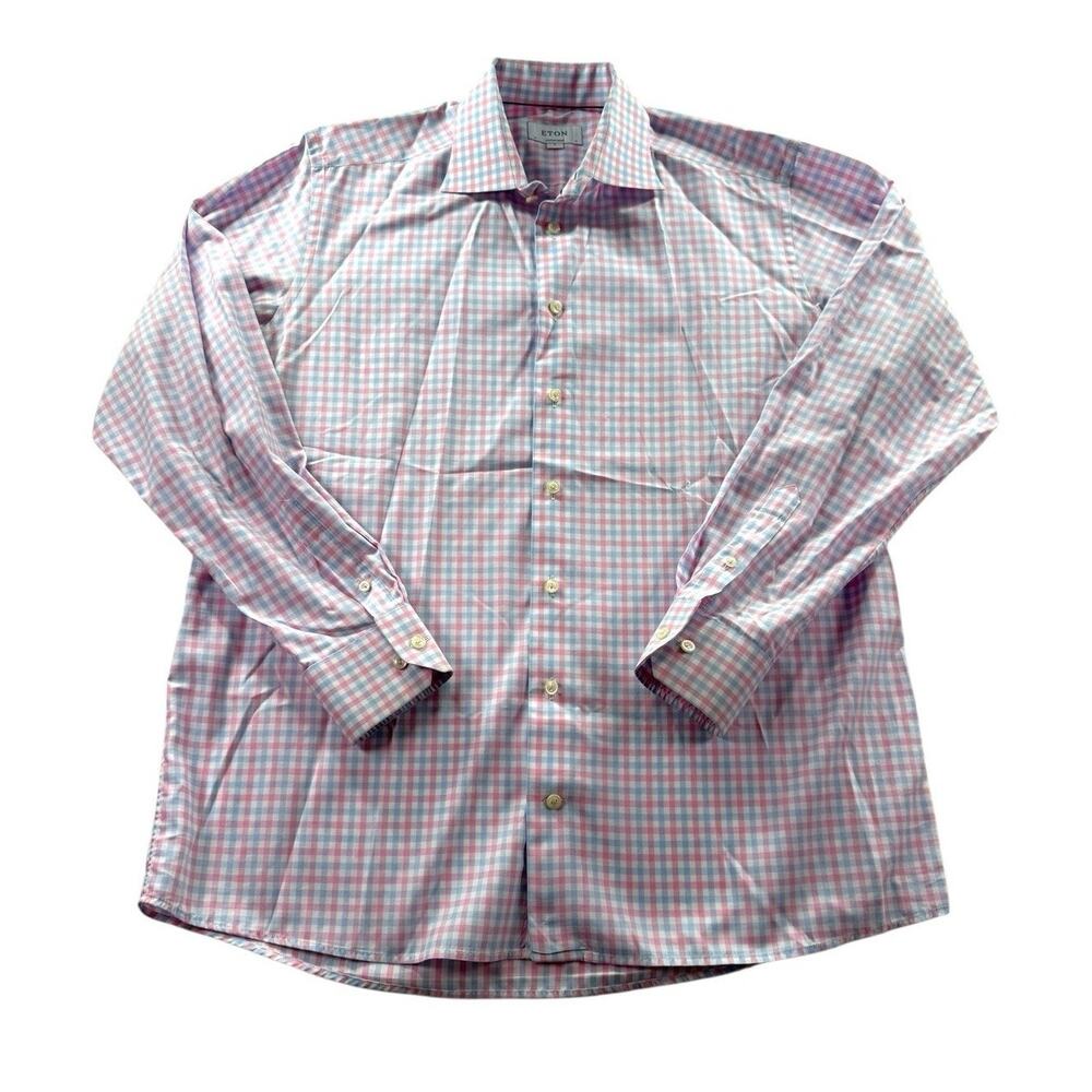 Eton Dress Shirt Mens XL 43 17 Pink Blue Checkered Long Sleeve Contemporary Fit